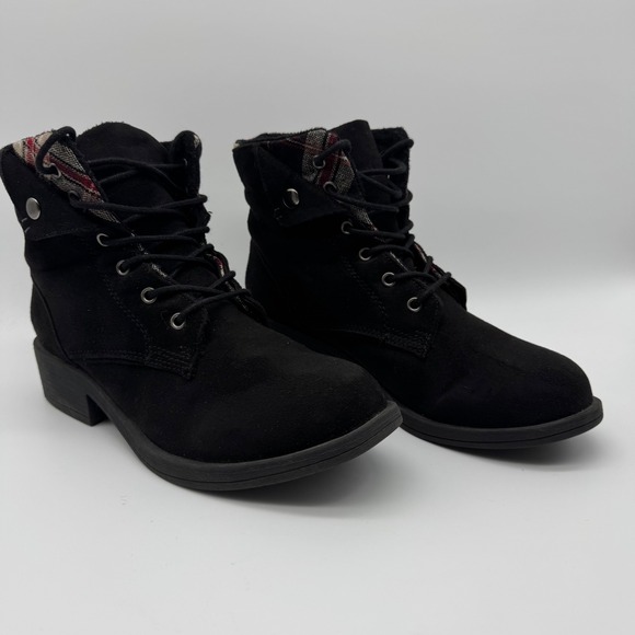 Rock & Candy Junie Black Lace Up Ankle Boots Fold Down Plaid Trim Women's Size 8 - Picture 2 of 13